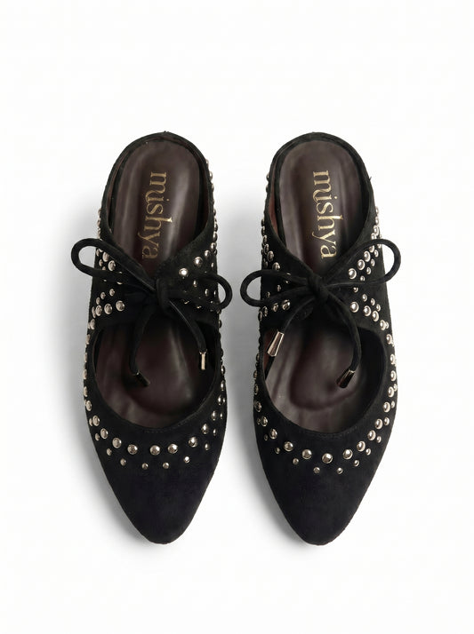 Studded Suede Lace-Up Pointed Mules in Black