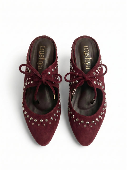 Studded Suede Lace-Up Pointed Mules in Burgundy