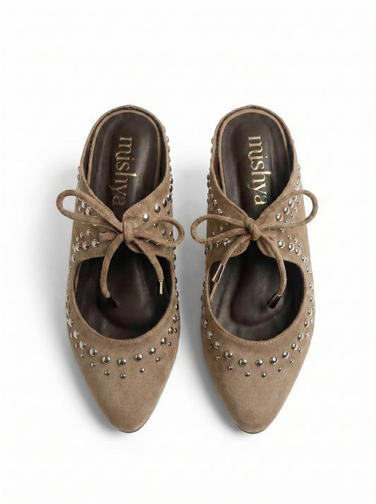 Studded Suede Lace-Up Pointed Mules in Café
