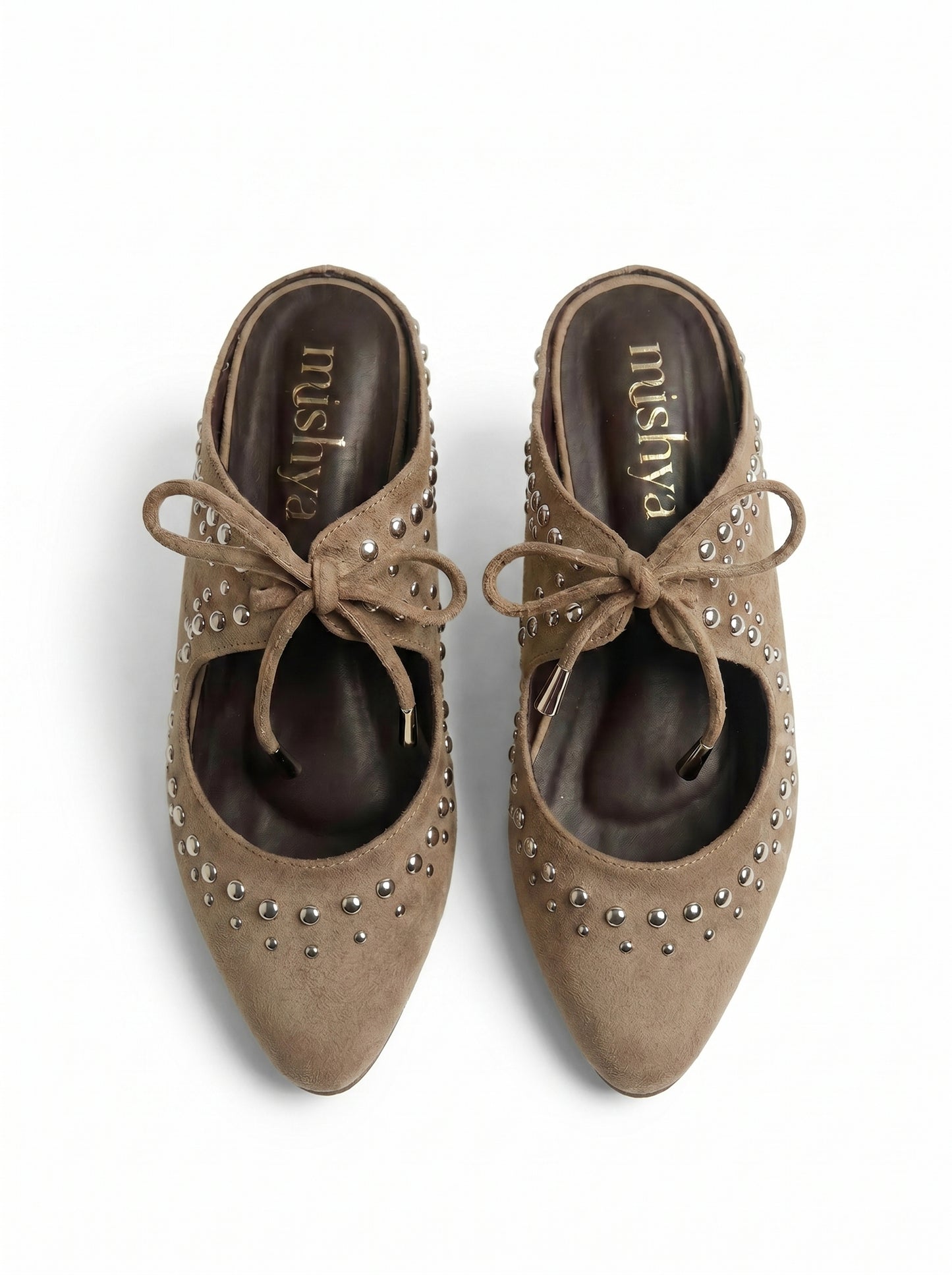 Studded Suede Lace-Up Pointed Mules in Café
