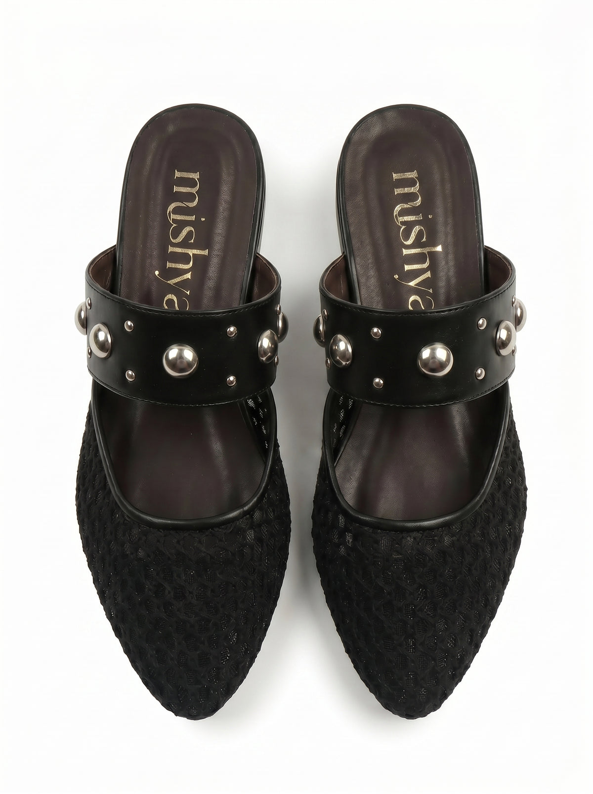Mesh Studded-Strap Flat Mules in Black