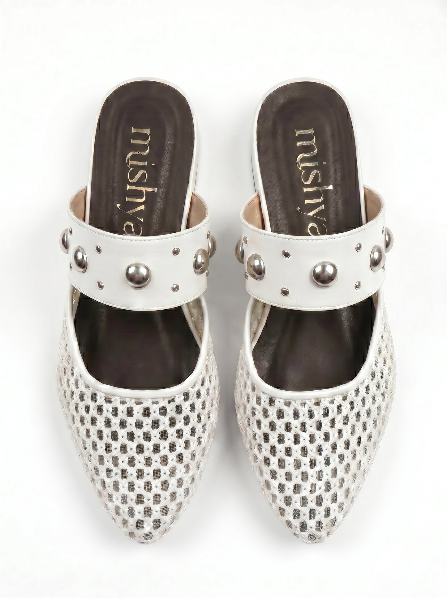 Mesh Studded-Strap Flat Mules in White
