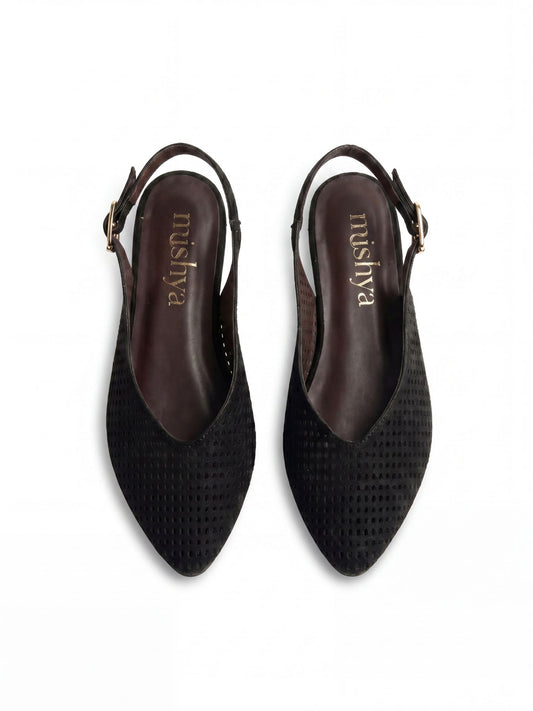 Perforated Suede Flat Slingbacks in Black