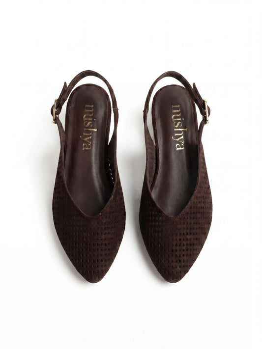 Perforated Suede Flat Slingbacks in Brown