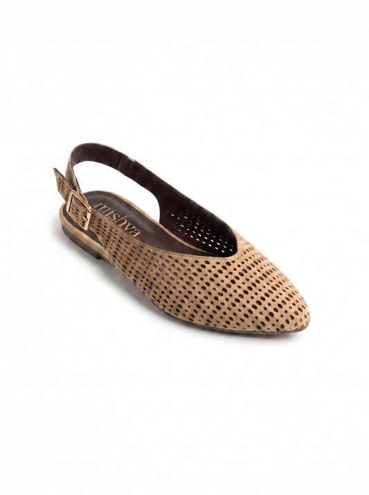 Perforated Suede Flat Slingbacks - Café