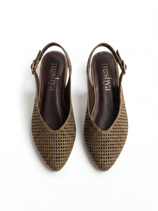 Perforated Suede Flat Slingbacks in Café
