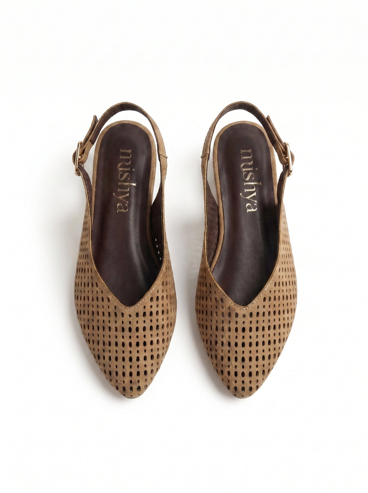 Perforated Suede Flat Slingbacks - Café