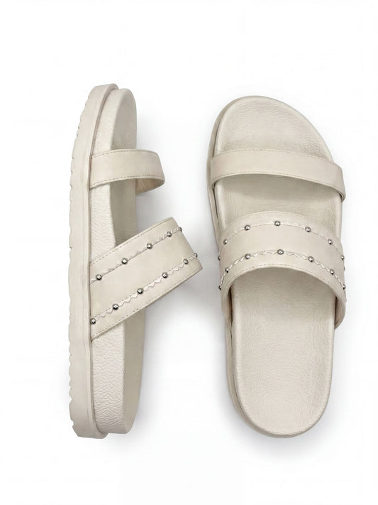 Studded Double-Strap Flat Sandals in Beige