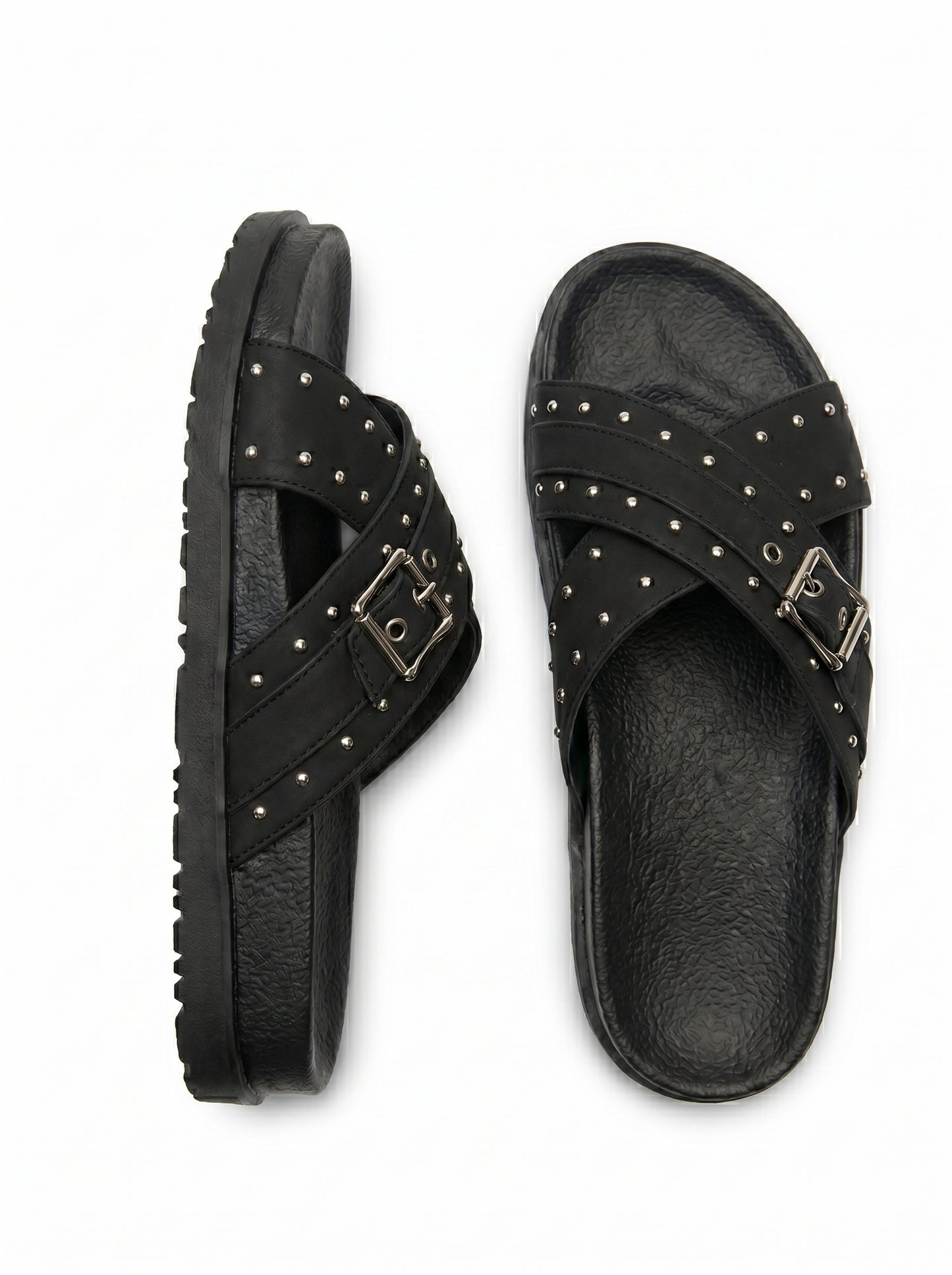 Studded Crossover Slide Sandals - Black