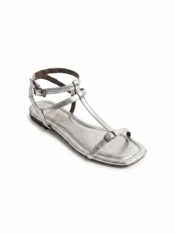 T-Strap Flat Sandals - Silver
