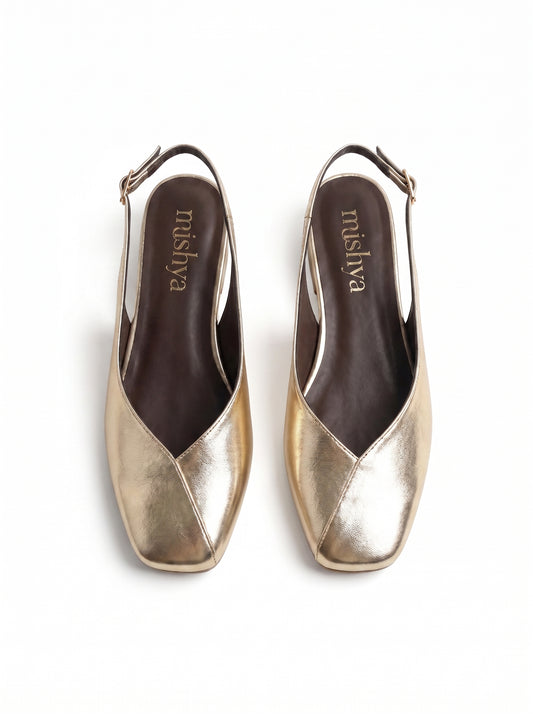 Square-Toe Flat Slingbacks in Gold