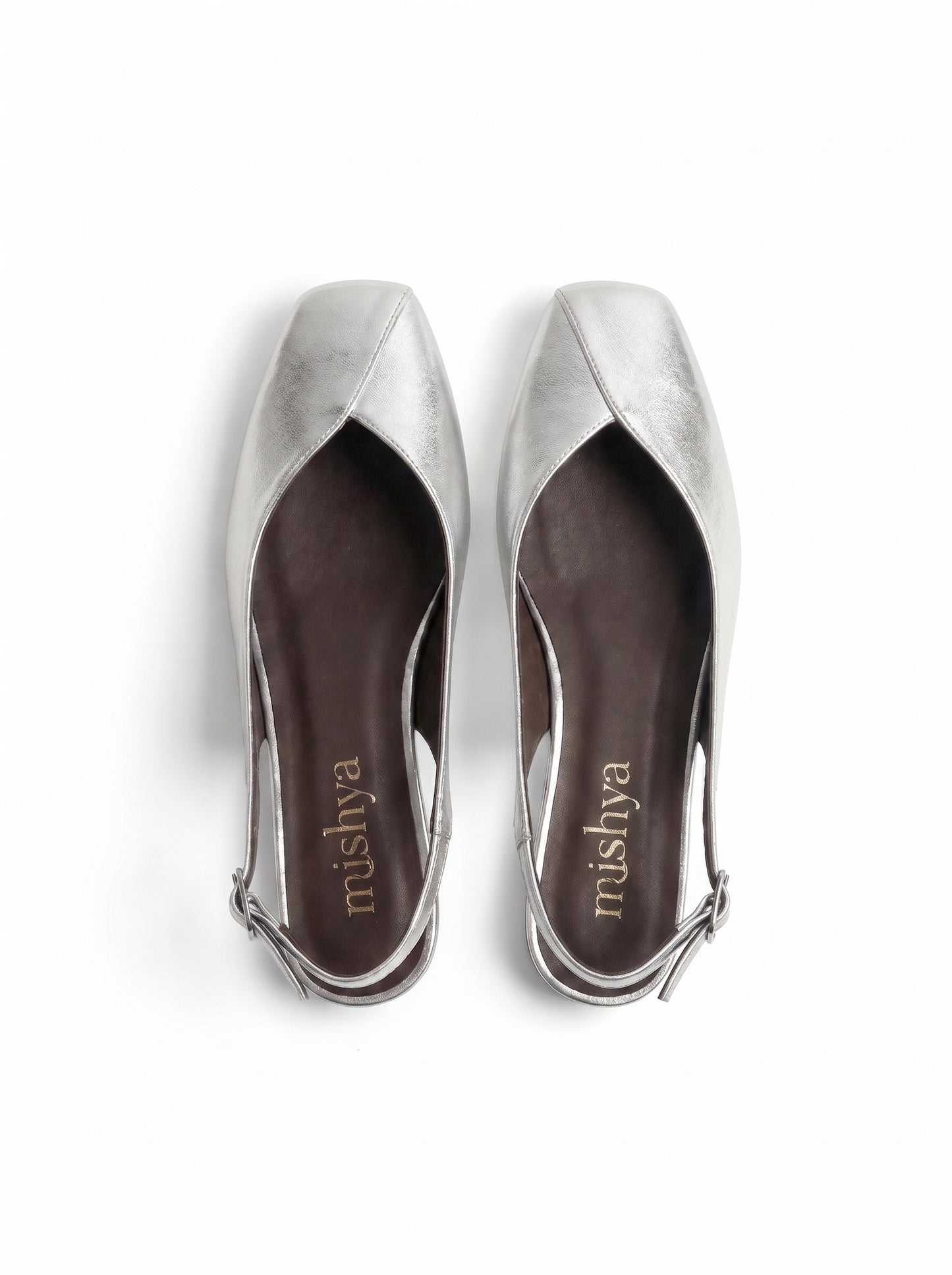 Square-Toe Flat Slingbacks in Silver