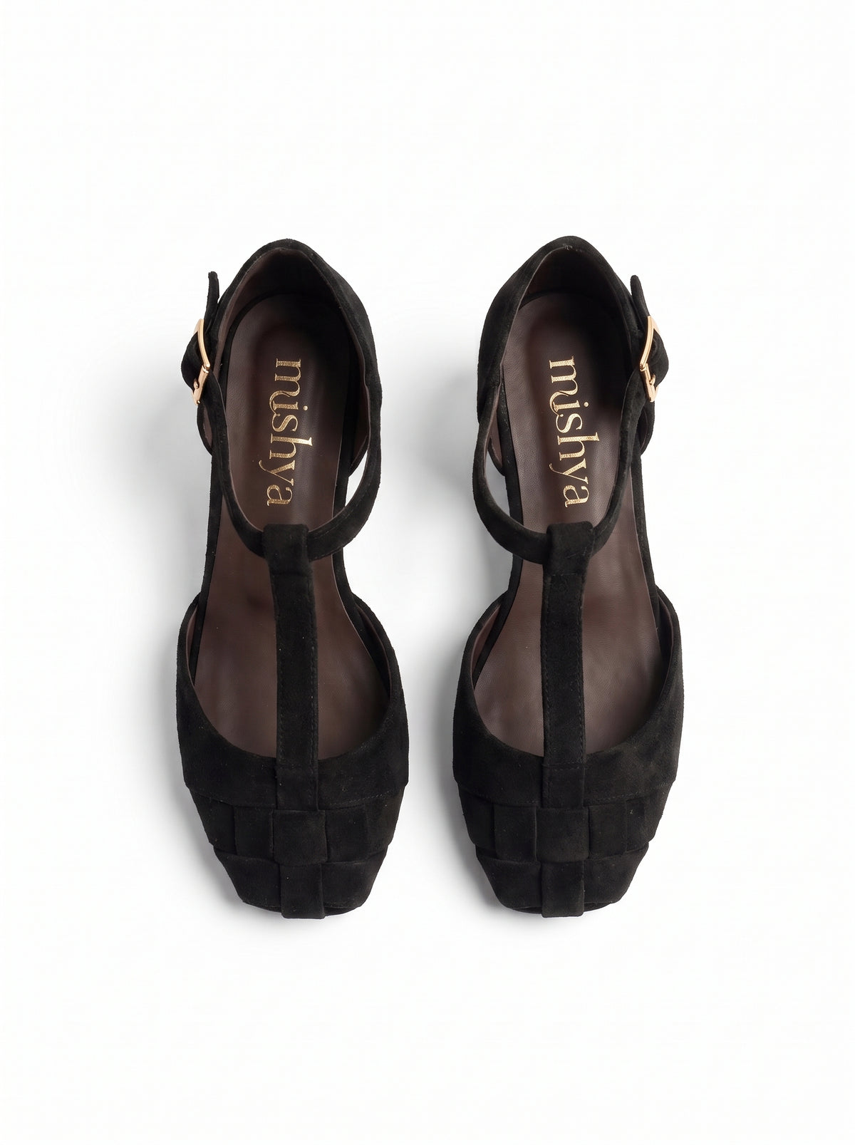 Woven Suede T-Strap Flats in Black