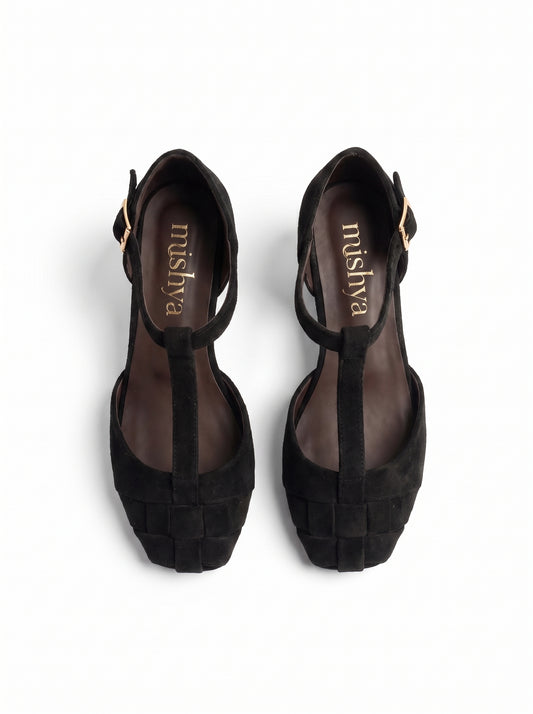 Woven Suede T-Strap Flats in Black