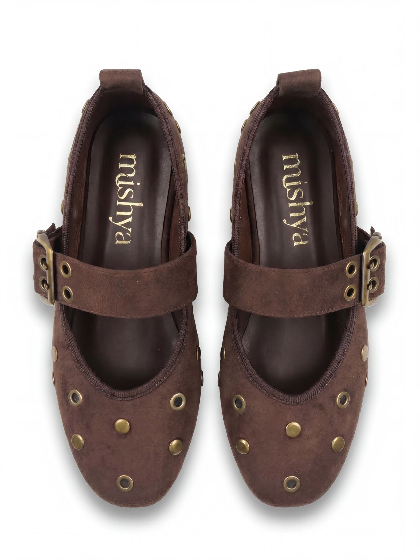 Studded Suede Mary Jane Flats in Brown