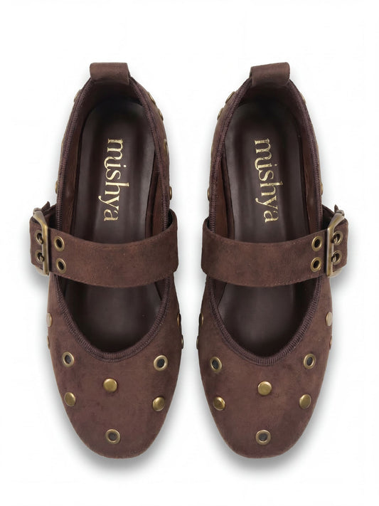 Studded Suede Mary Jane Flats in Brown