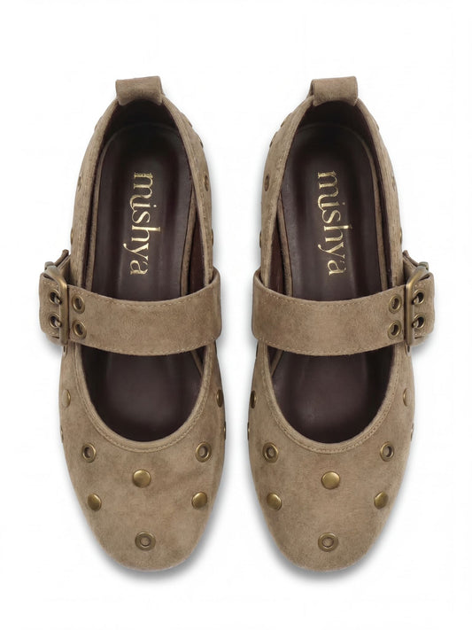 Studded Suede Mary Jane Flats in Café