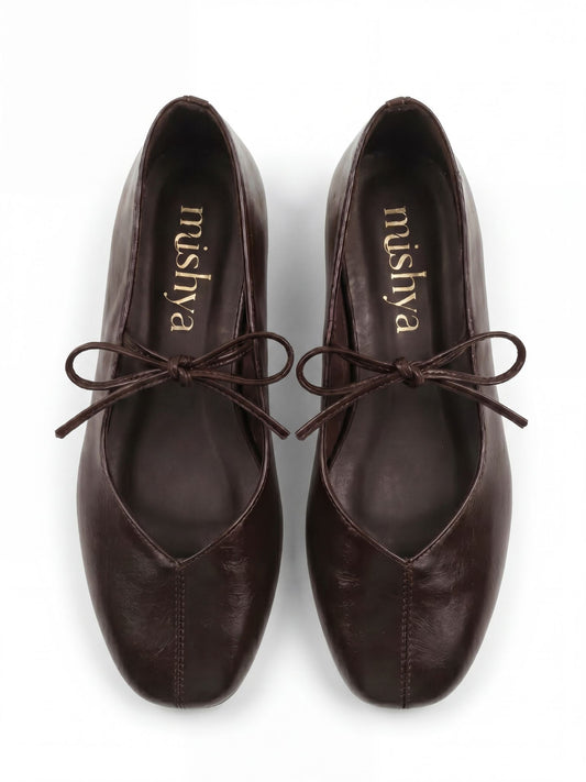 Lace-Tie Leather Ballet Flats in Brown