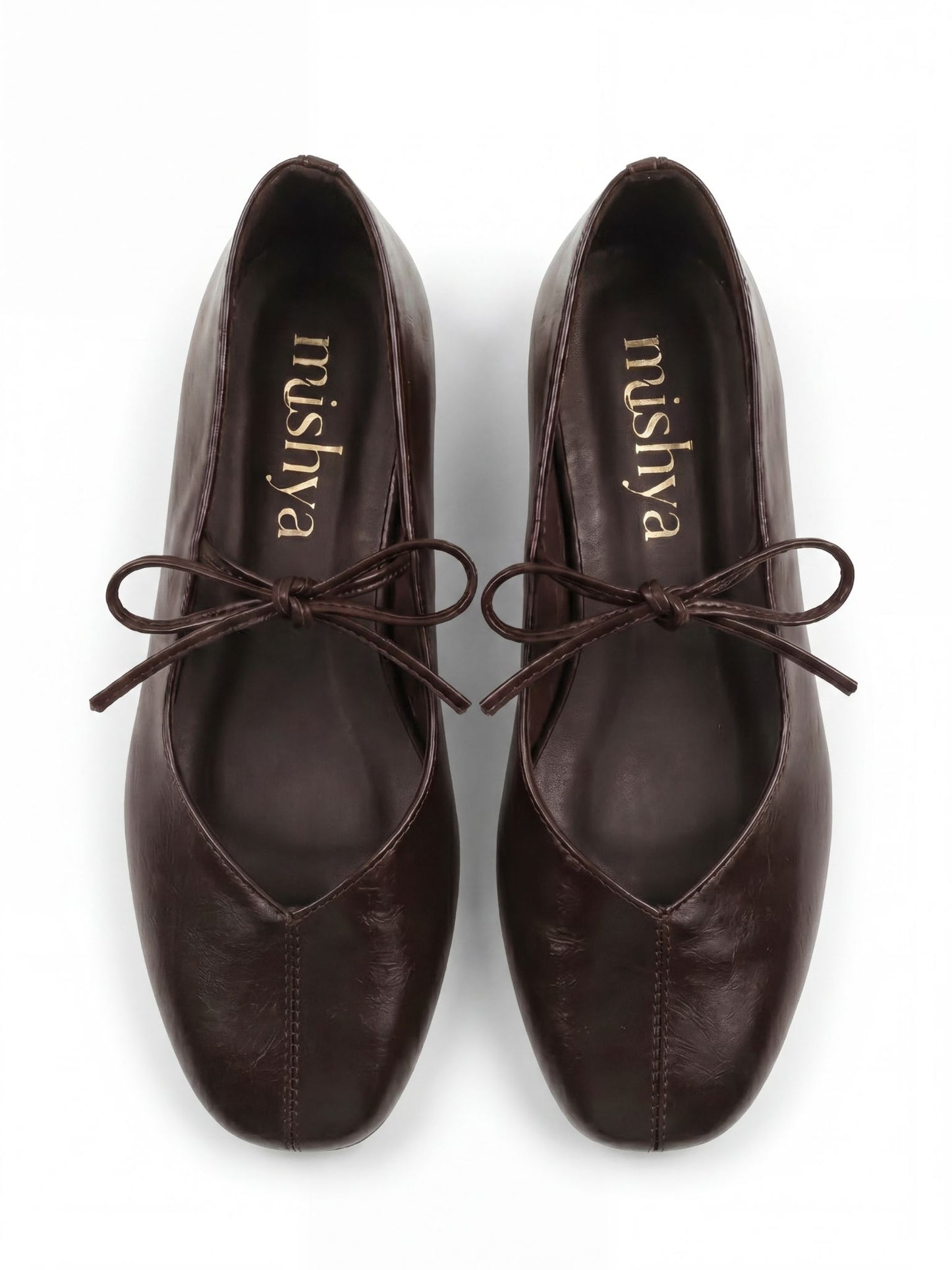 Lace-Tie Leather Ballet Flats in Brown