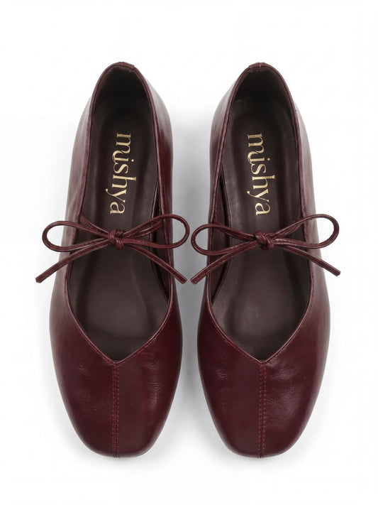 Lace-Tie Leather Ballet Flats in Burgundy