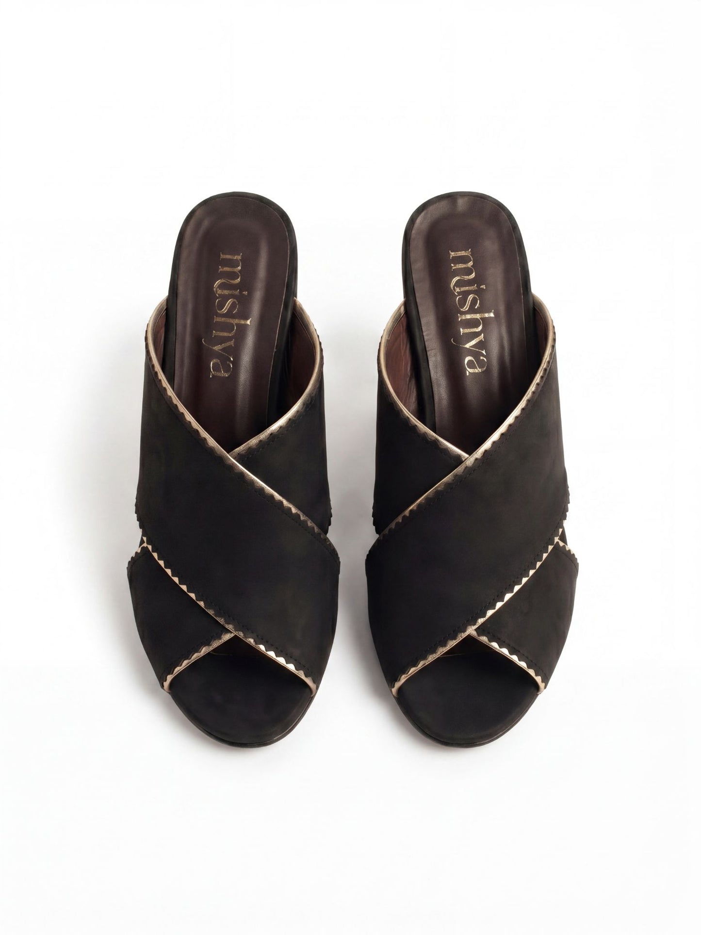 Crossover Brushed Leather Block-Heel Mules 6cm in Black