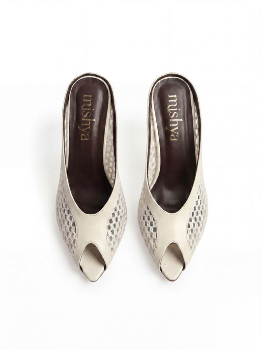 Mesh Peep-Toe Mules 7cm in Beige