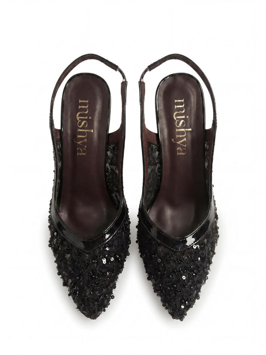 Beaded Lace Bridal Slingbacks 7cm in Black