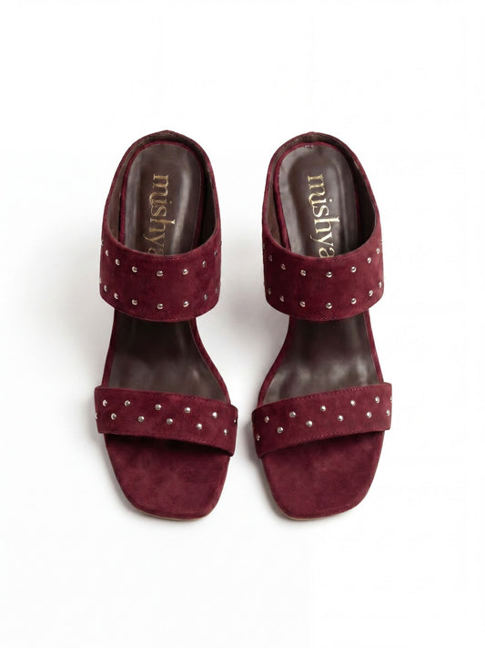 Studded Suede Wedge Sandals 8cm in Burgundy
