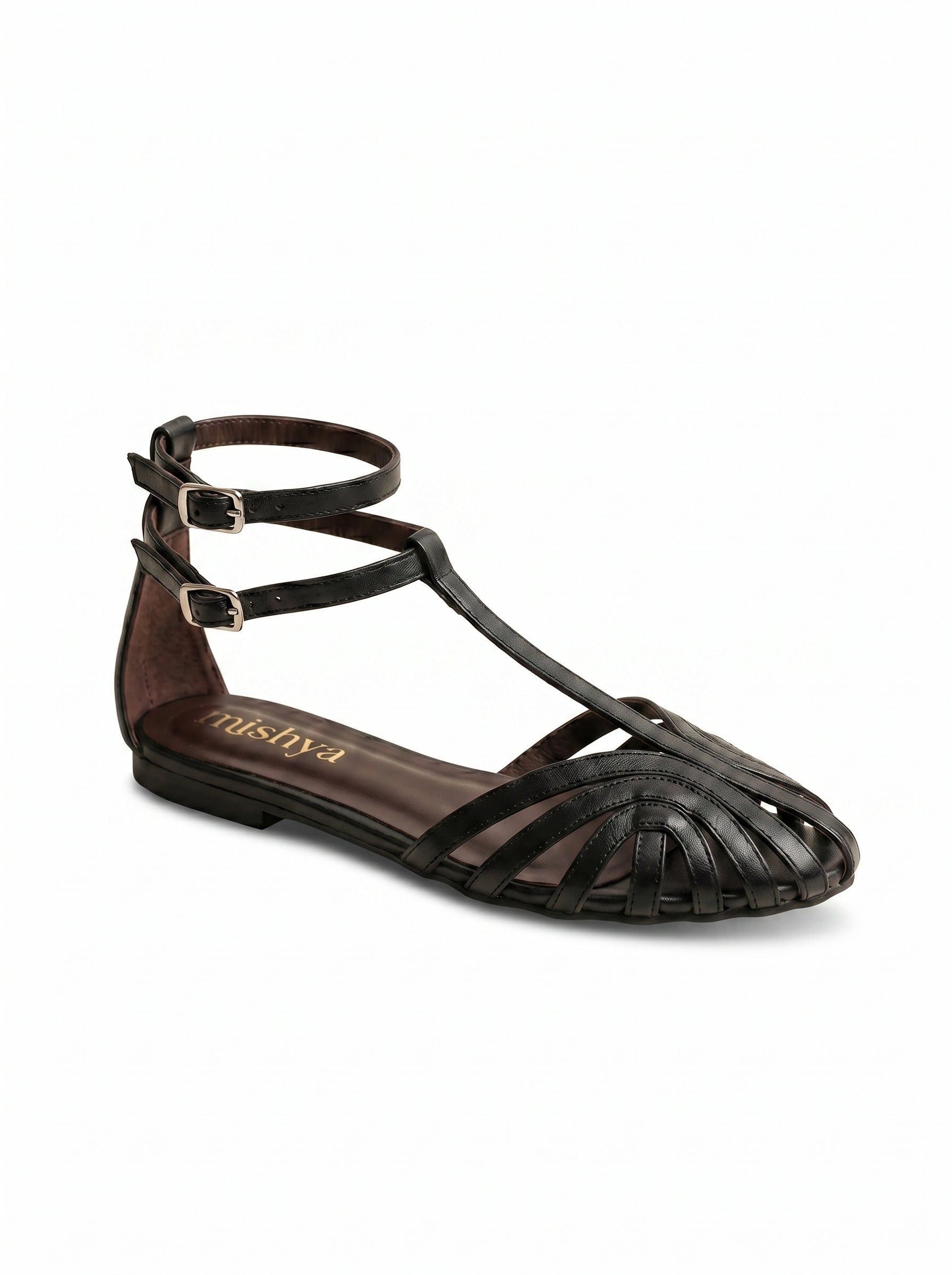 Strappy Leather Flat Sandals in Black