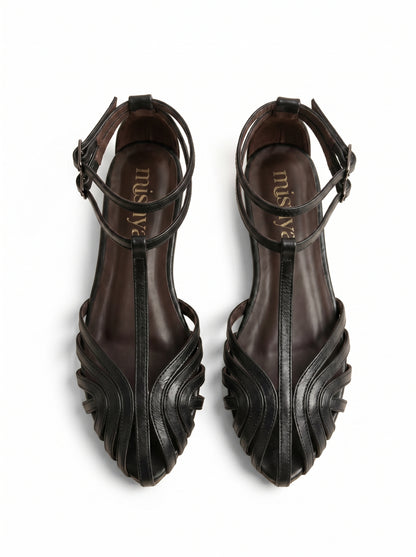 Strappy Leather Flat Sandals in Black