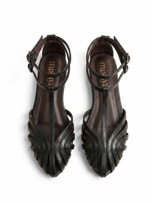 Strappy Leather Flat Sandals in Black