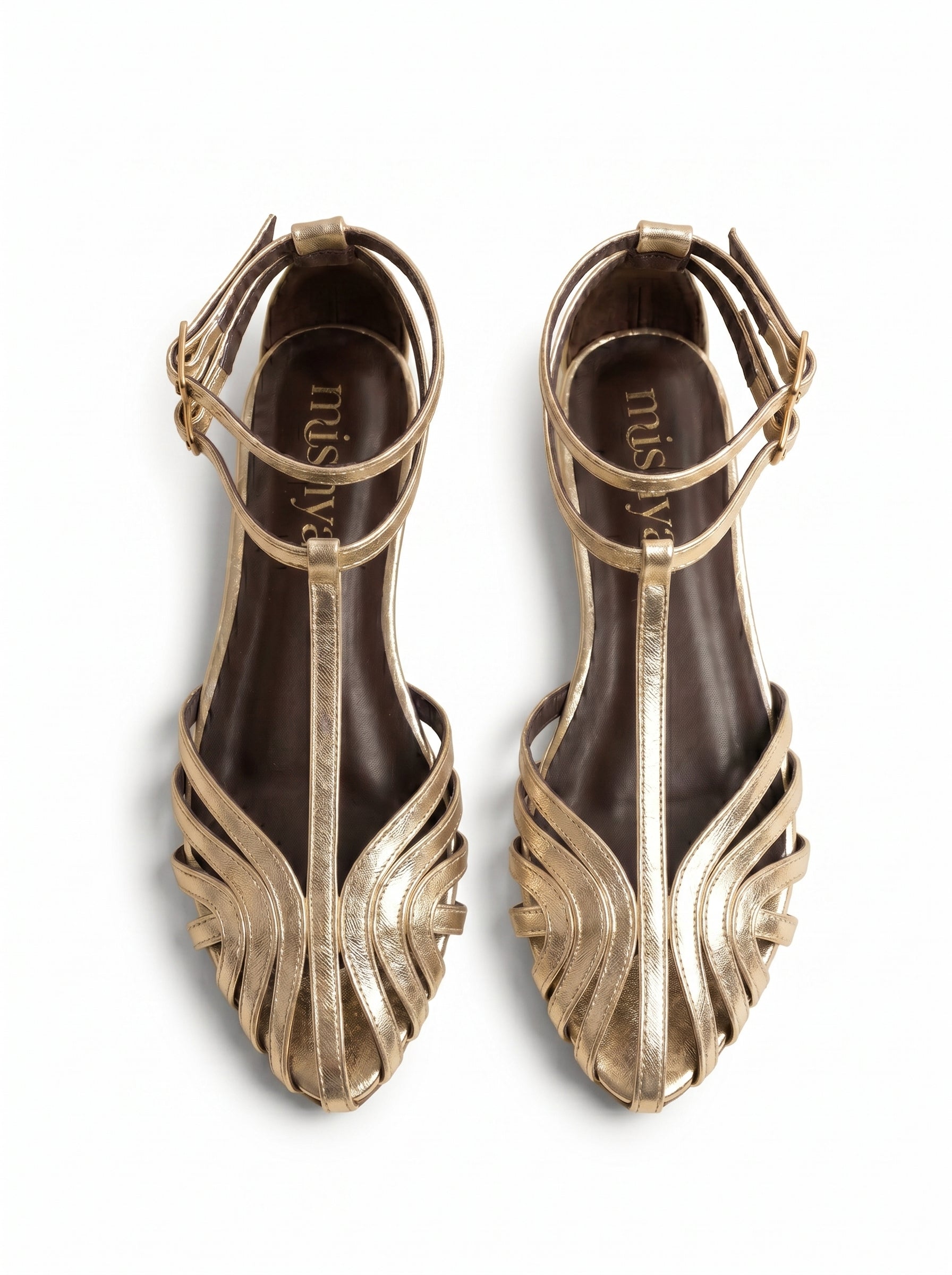 Strappy Leather Flat Sandals in Gold