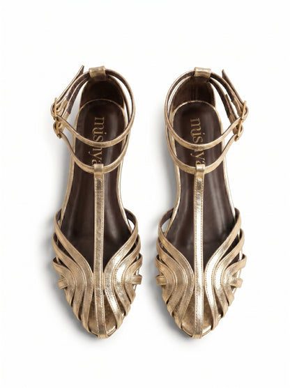 Strappy Leather Flat Sandals in Gold