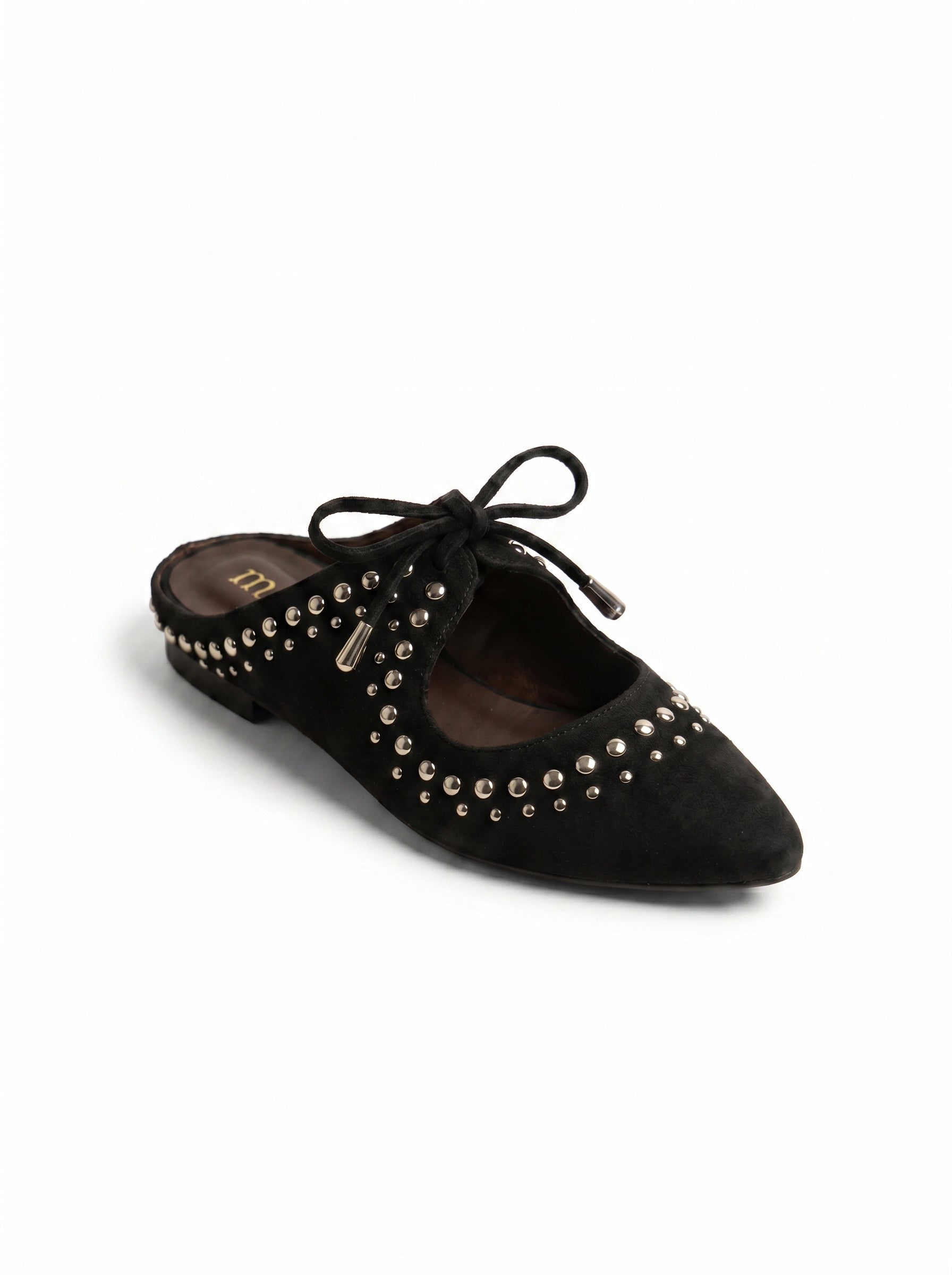 Studded Suede Lace-Up Pointed Mules in Black