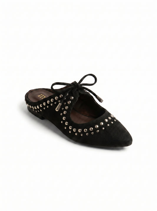 Studded Suede Lace-Up Pointed Mules in Black