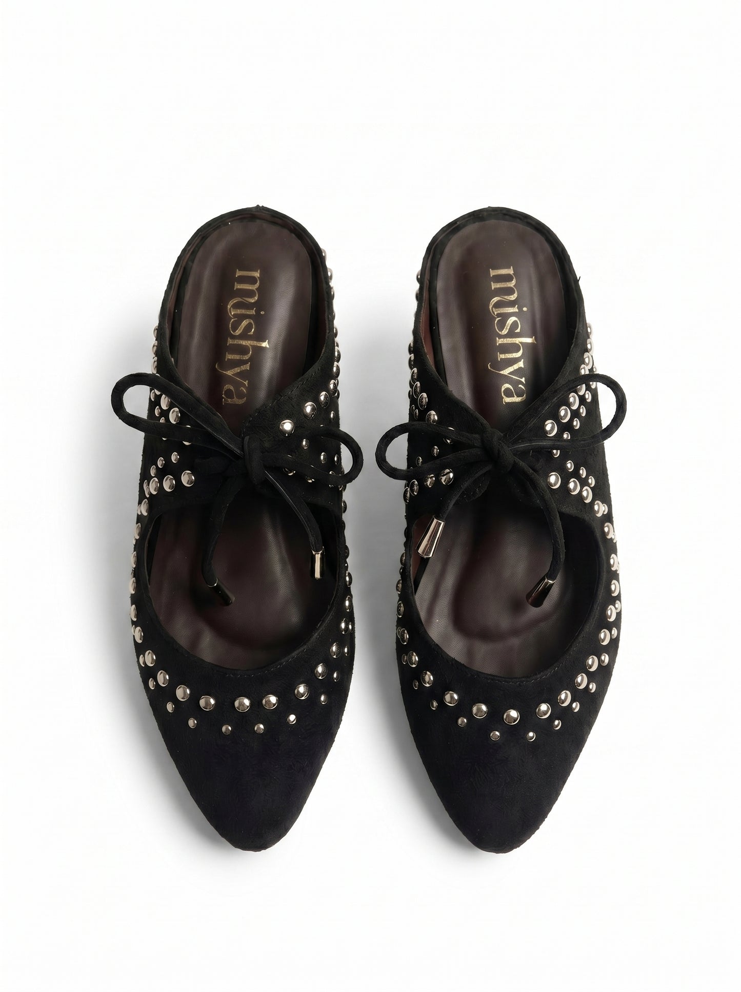 Studded Suede Lace-Up Pointed Mules in Black