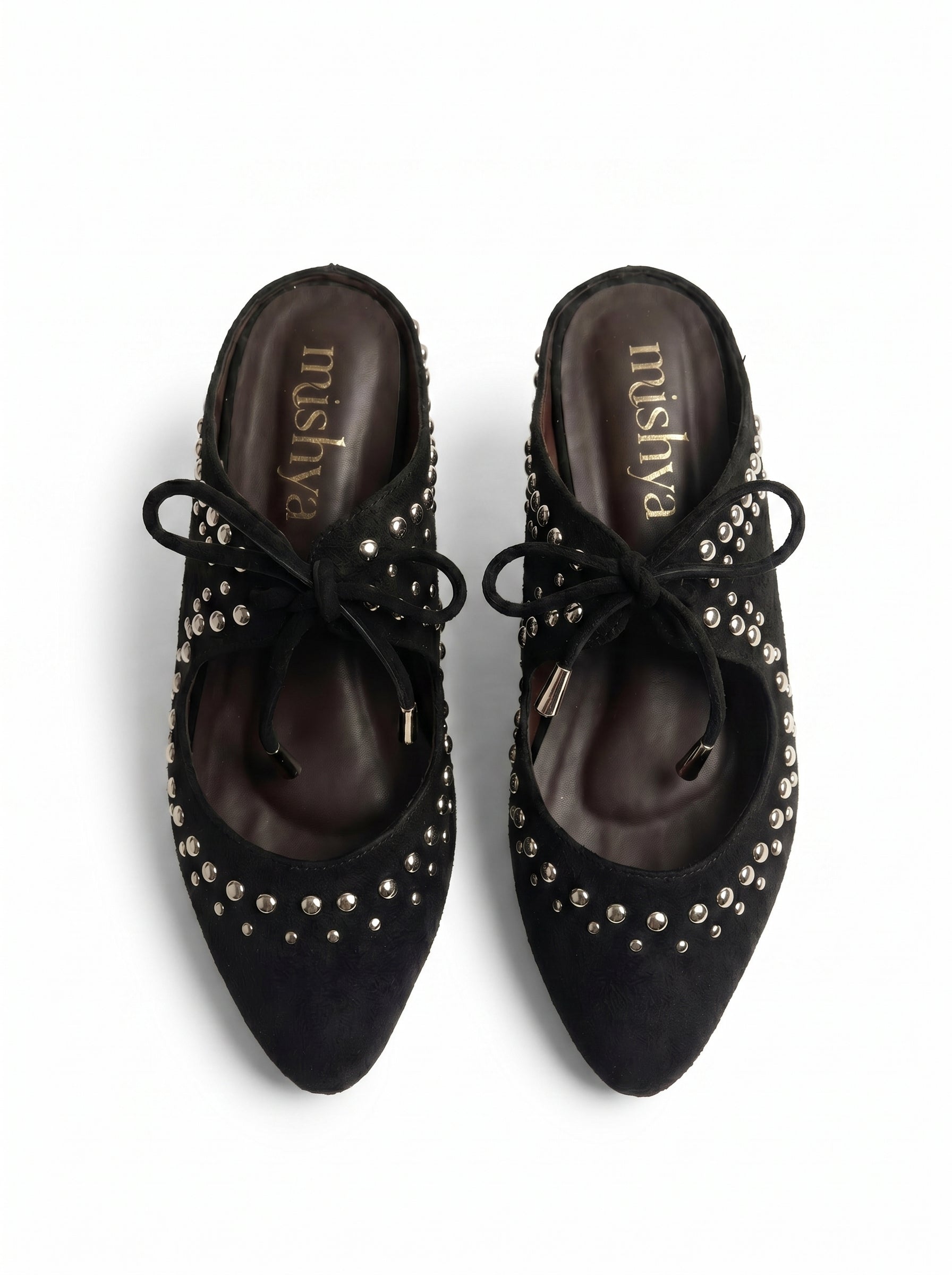 Studded Suede Lace-Up Pointed Mules in Black