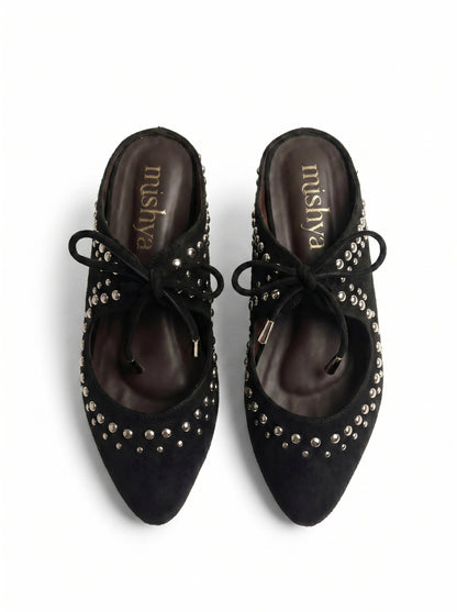 Studded Suede Lace-Up Pointed Mules in Black