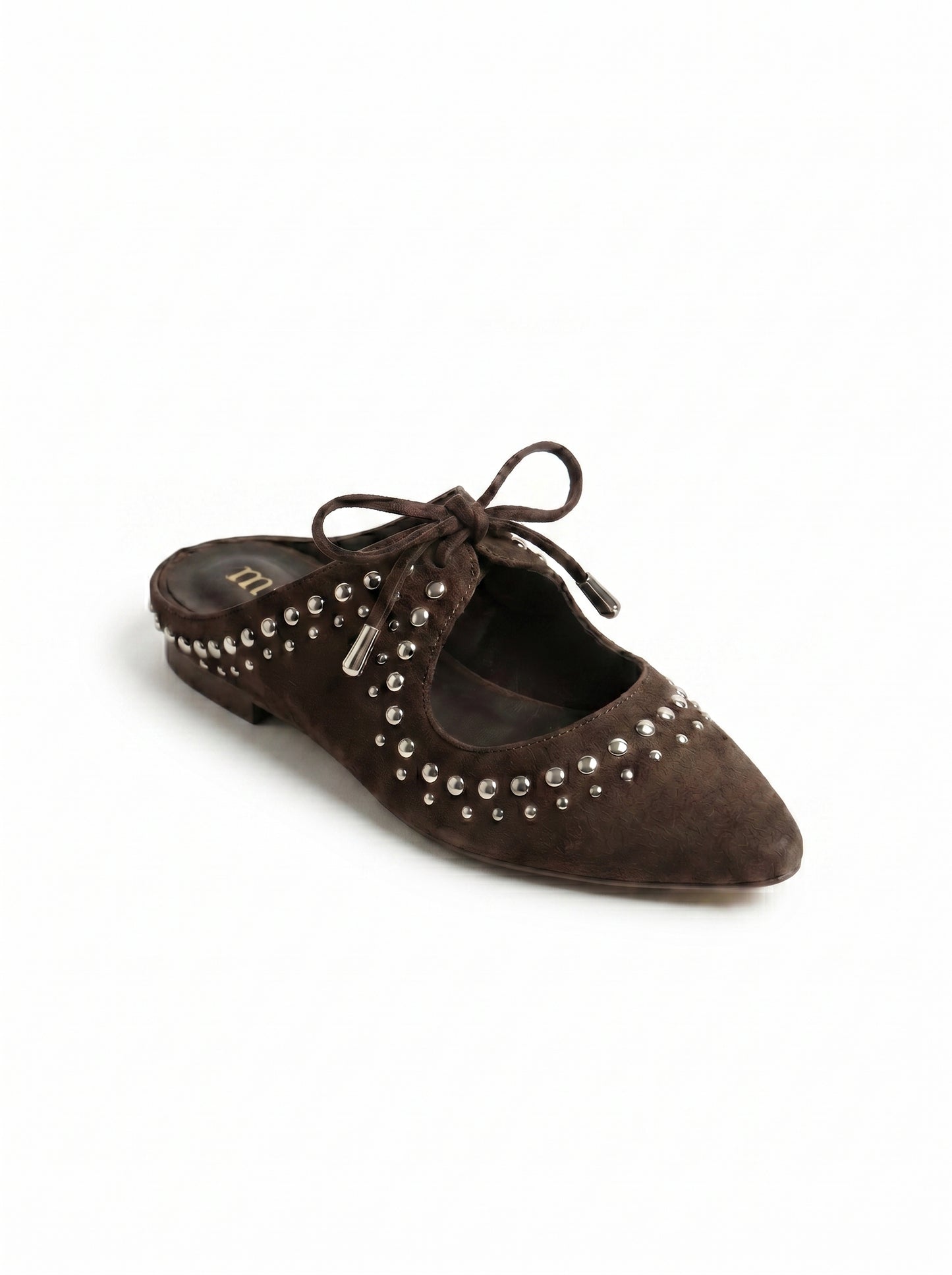 Studded Suede Lace-Up Pointed Mules in Brown