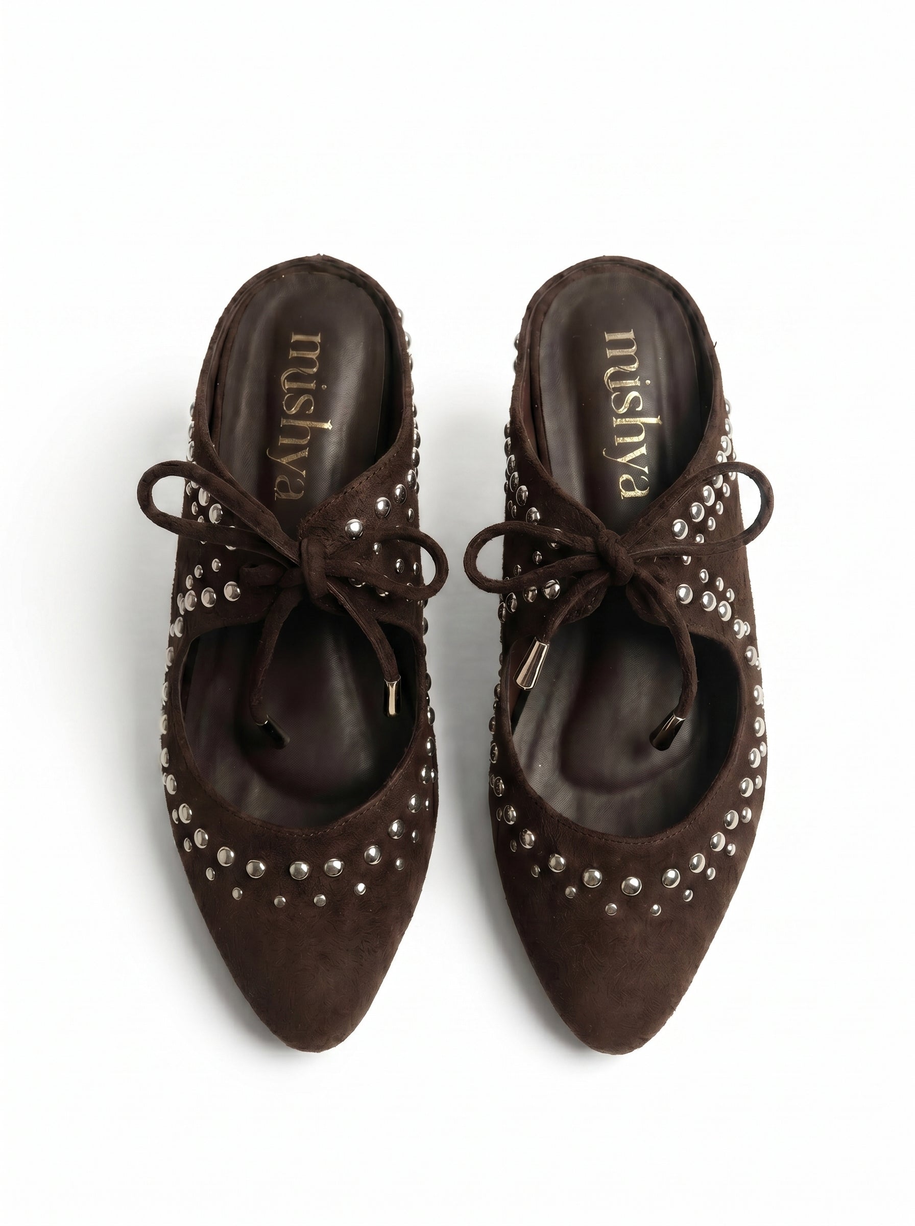 Studded Suede Lace-Up Pointed Mules in Brown