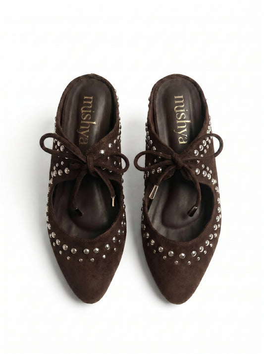 Studded Suede Lace-Up Pointed Mules in Brown