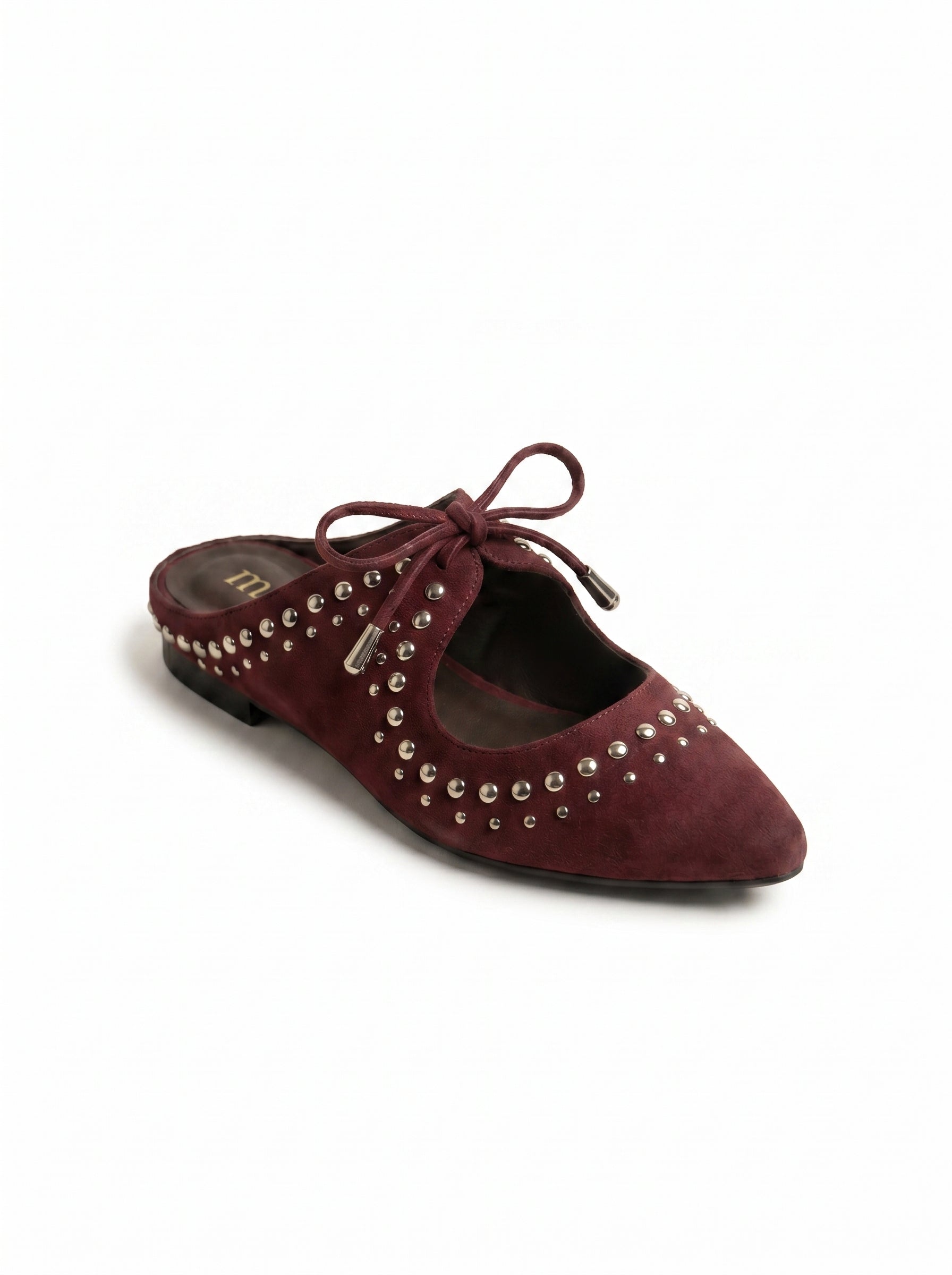 Studded Suede Lace-Up Pointed Mules in Burgundy