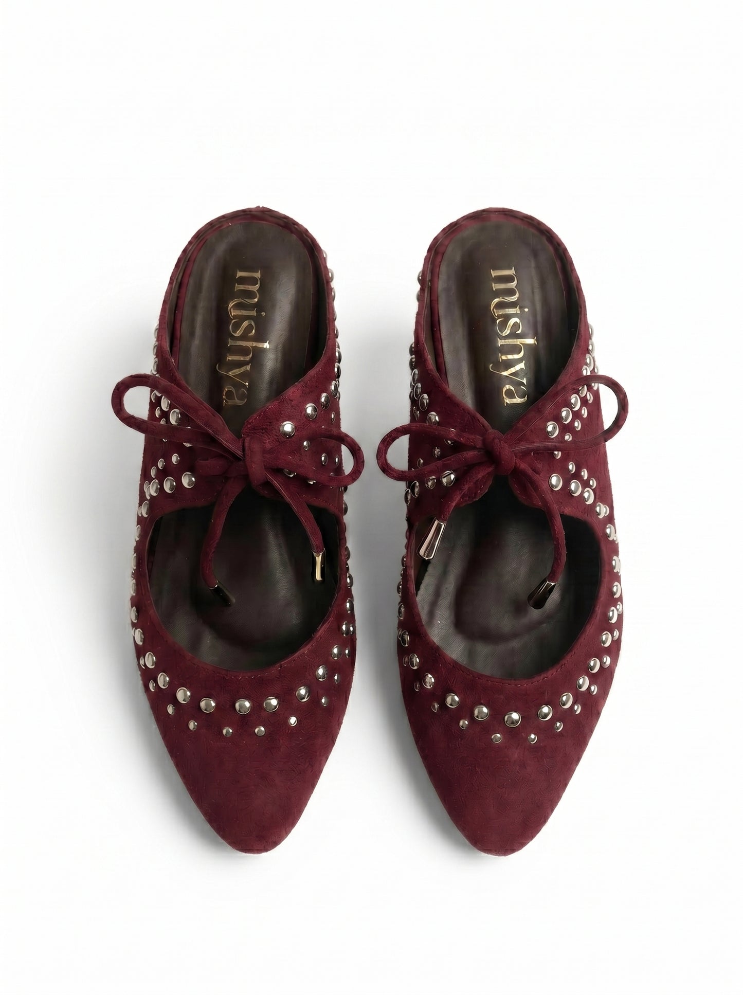 Studded Suede Lace-Up Pointed Mules in Burgundy