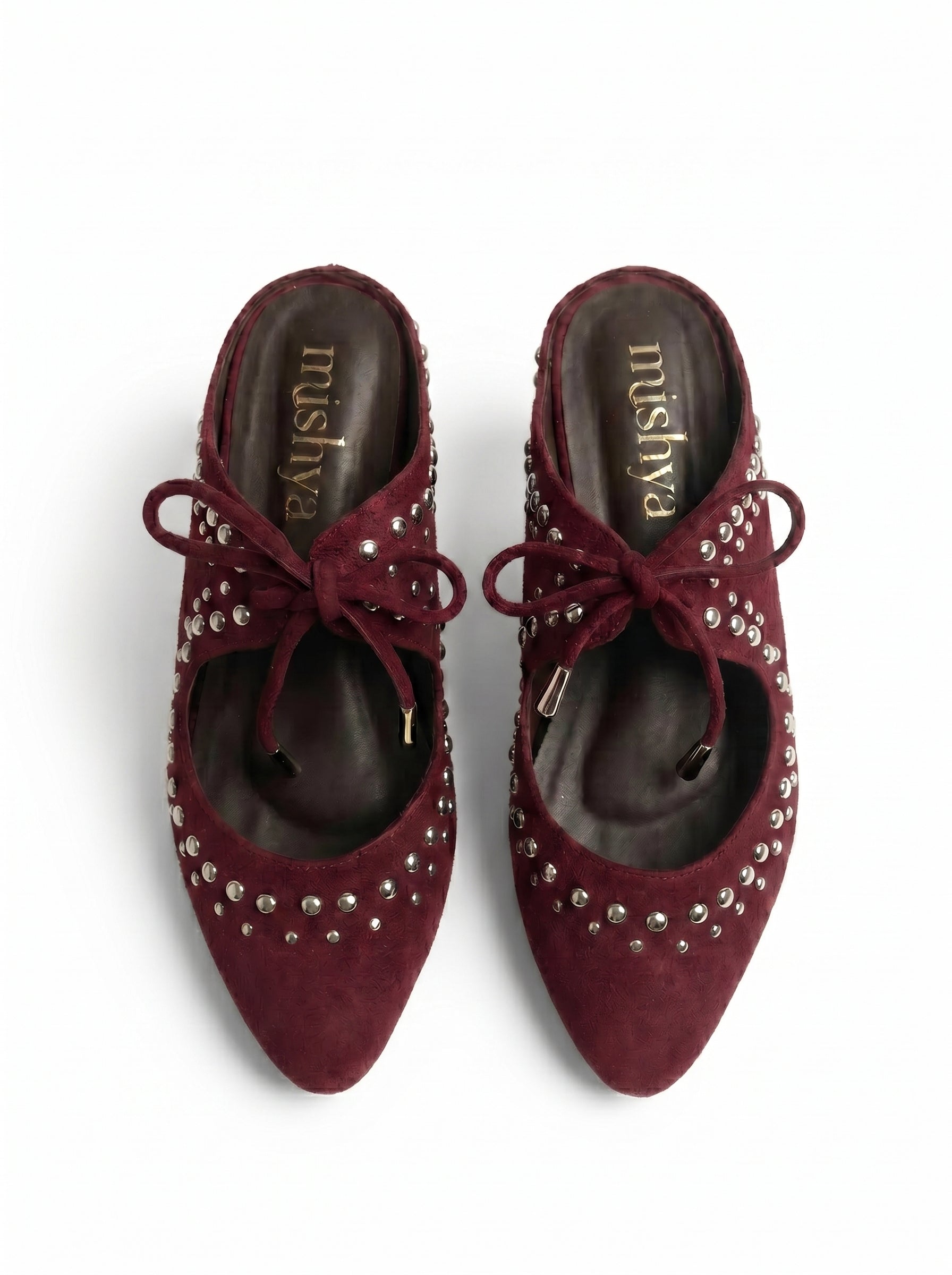 Studded Suede Lace-Up Pointed Mules in Burgundy