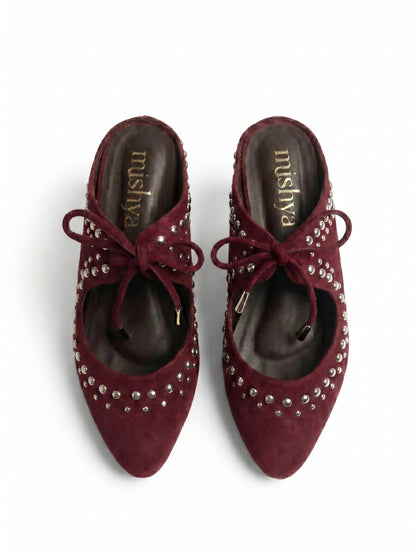 Studded Suede Lace-Up Pointed Mules in Burgundy