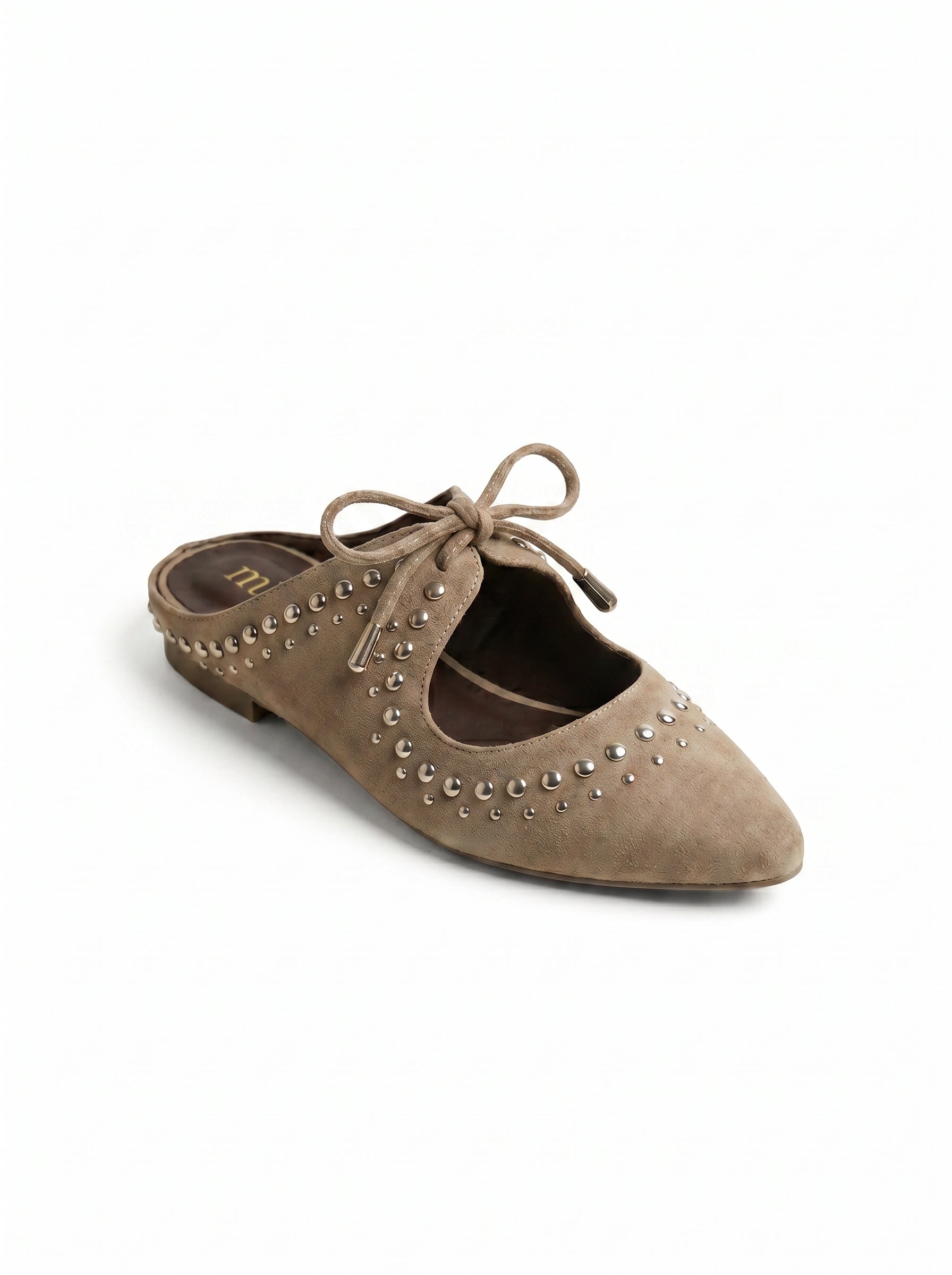 Studded Suede Lace-Up Pointed Mules in Café