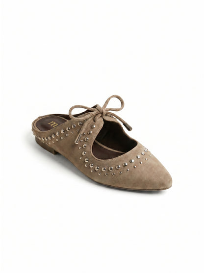 Studded Suede Lace-Up Pointed Mules in Café