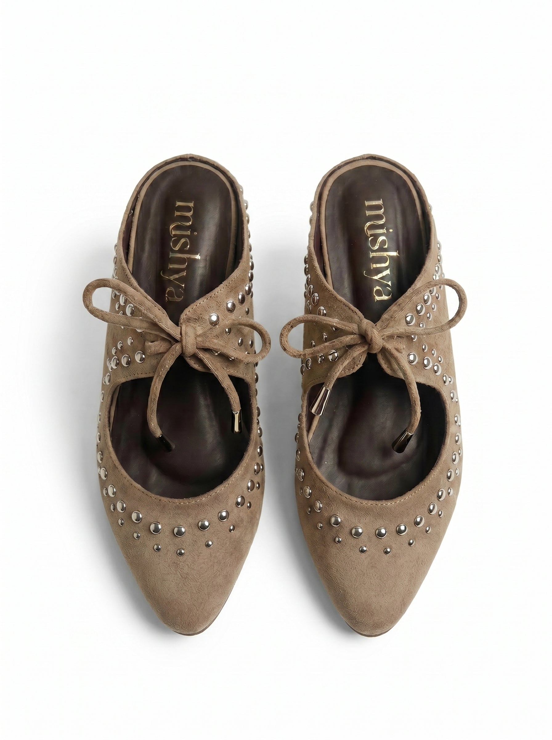 Studded Suede Lace-Up Pointed Mules in Café