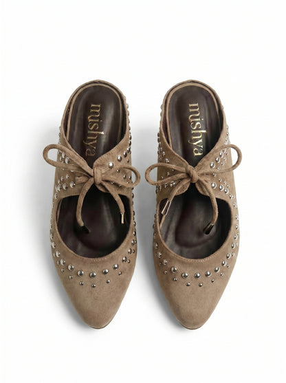 Studded Suede Lace-Up Pointed Mules in Café