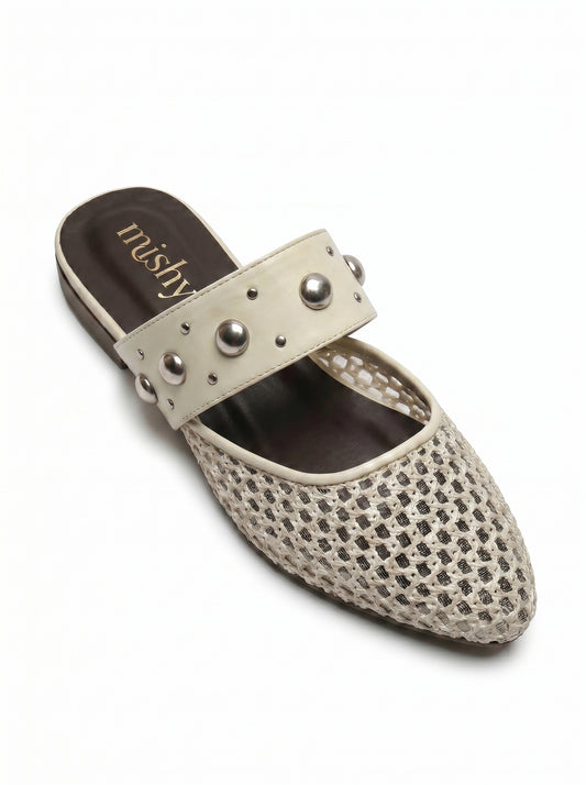 Mesh Studded-Strap Flat Mules in Beige